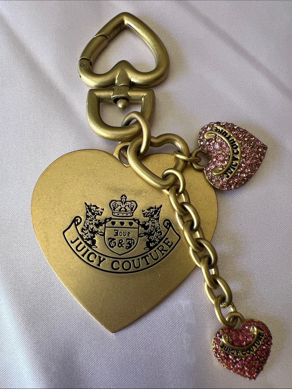 Juicy Couture Vintage Gold-Tone Heart Keychain with Pink Crystal Heart Charms